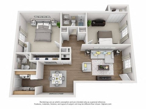 Floor plan for 2 beds, 2 baths, 1150 sqft